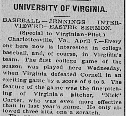 University of Virginia newspaper clipping describing Virginia defeating Cornell 6 to 5. 