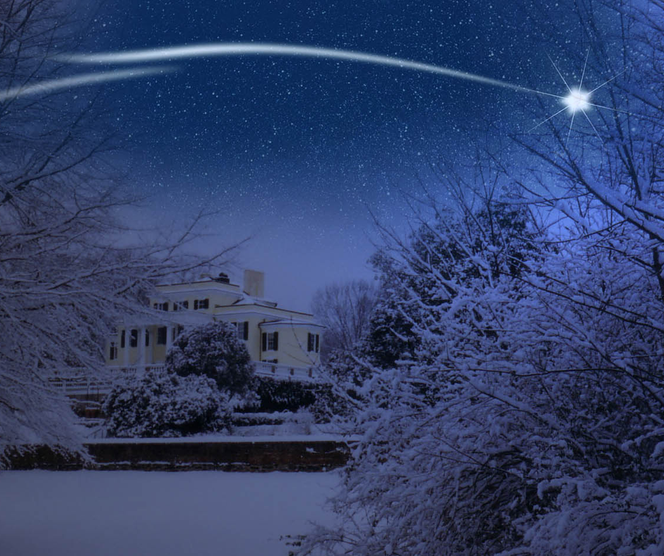 Photo of Oatlands Mansion in twilight with show, icy trees, and a shooting star in the sky,